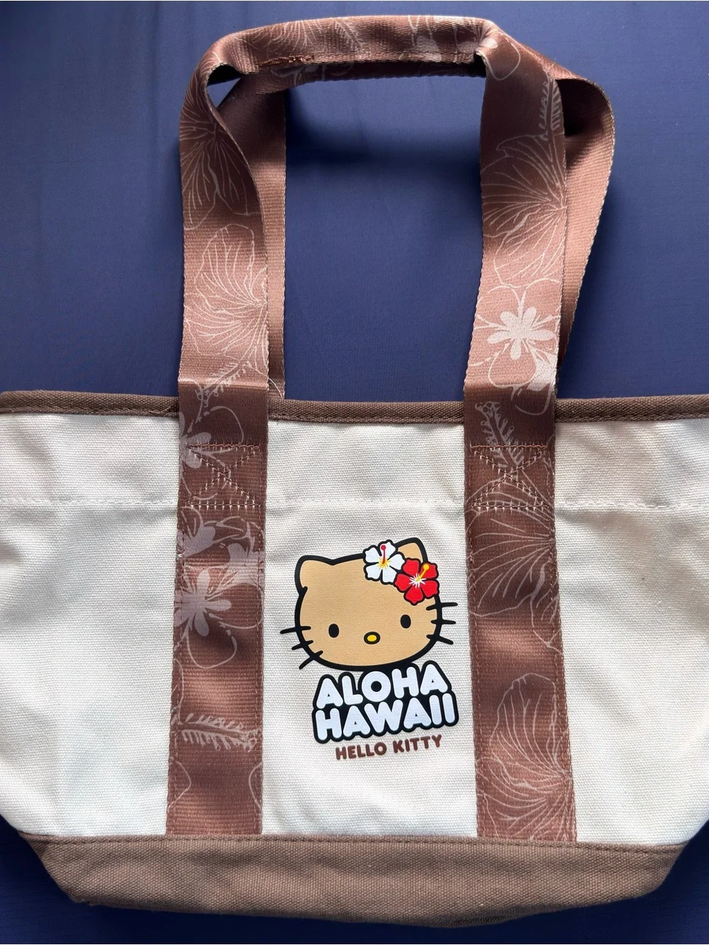 Hello Kitty Canvas Tote in Cream and Brown with Floral Accent